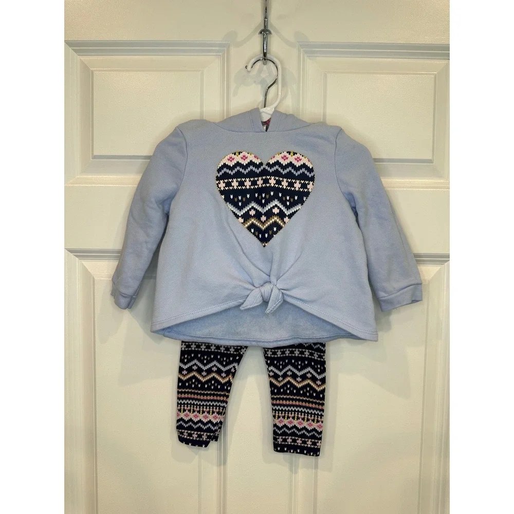 Baby Girl Carter's Blue Heart Hoodie Tie‎ Front Leggings Set Size 18 Months